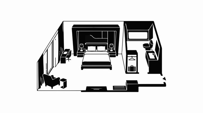 Minimalist isometric floor plan showing hotel suite layout with bed bathroom desk with private bathroom workspace illustration modern hotel with black white isometric