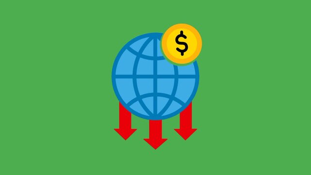 Global economic crisis concept featuring a globe, money symbol, and red downward arrow representing financial decline and market instability.