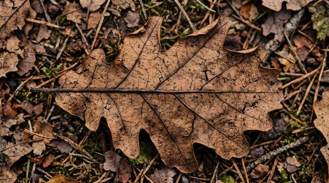 Close up of a dry brown oak leaf on forest floor
