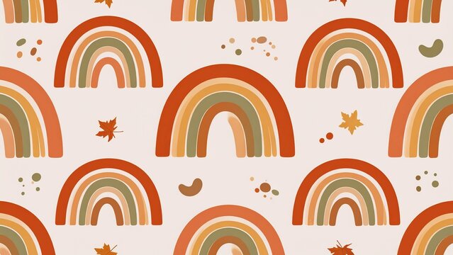 Boho rainbows and maple leaves scatter across a neutral background in this flat vector pattern creating an organic seasonal textile concept.