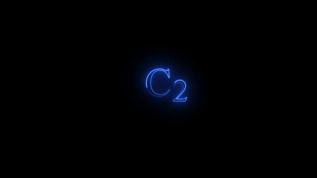 Neon blue c2 chemical formula symbol glowing on black background, for scientific and, educational motion
