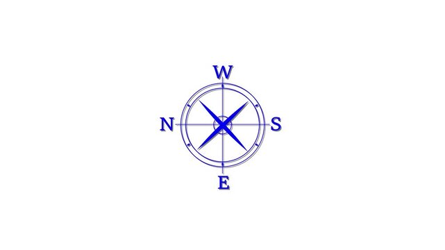 Animated blue compass rose rotating on white background, for navigation and, travel concepts direction