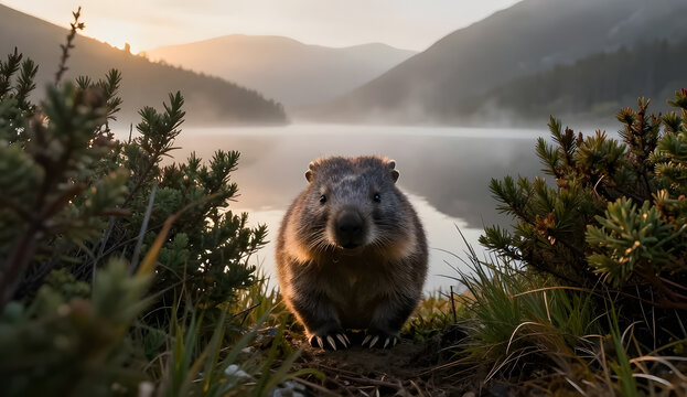 A wombat emerging from dense alpine vegetation near Dove Lake at dawn, soft fog rolling across the water, cinematic backlighting, ground-level perspective, highly realistic wildlife scene. 