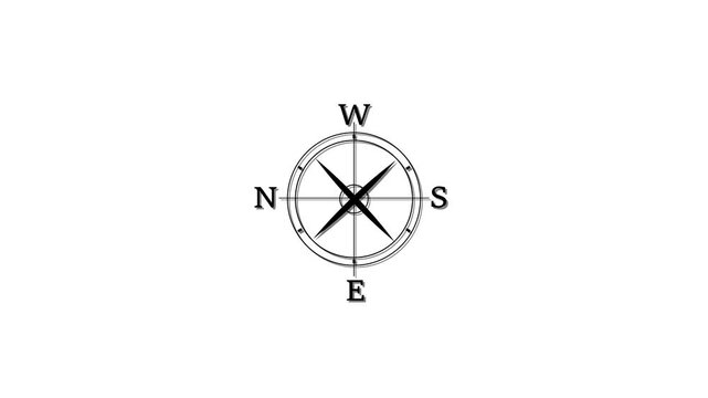 Minimalist compass rose animation: north, south, east, west directional navigation for travel, mapping, and orientation projects