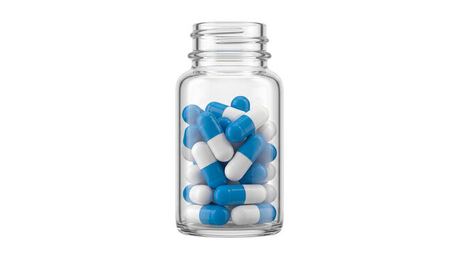 Clear Glass Medicine Bottle Filled with Blue and White Capsules Isolated on Pure White Background