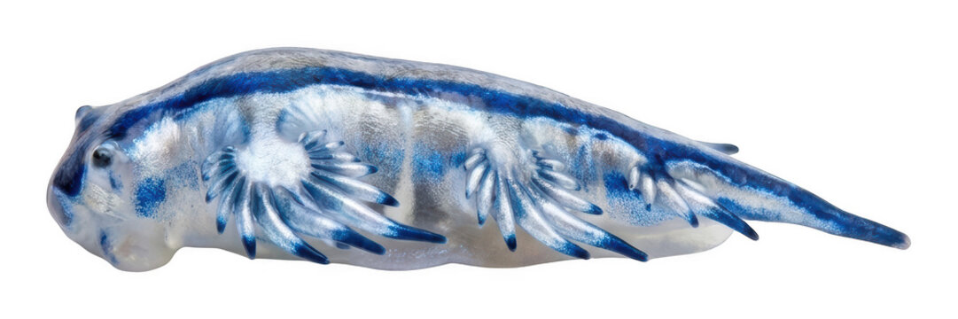 Detailed blue glaucus atlanticus sea slug resting in a studio setting isolated transparent background image