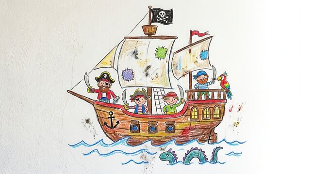 Colorful hand drawn crayon illustration of pirate ship with pirates and skull flag, cute children's book style adventure artwork design