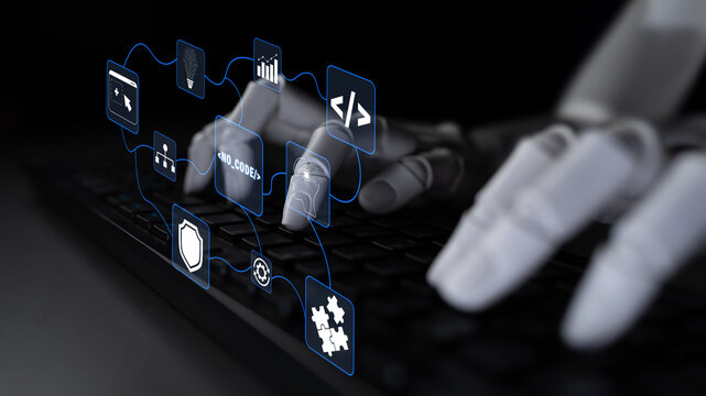 Robotic Hand Interacting with Digital Icons on Keyboard Representing Advanced Technology and Innovation in Artificial Intelligence and Programming Quark.