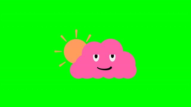 Cute cartoon pink cloud character with a happy face and sun on green screen chroma key