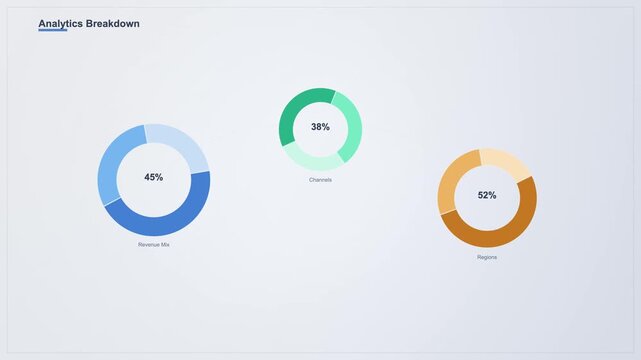 Vector illustration of three colorful circular donut charts showing data percentage statistics for business reports on a clean background