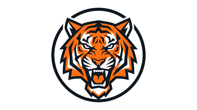 Roaring tiger head logo design vector illustration inside circular frame, ferocious Bengal tiger mascot emblem isolated on white background for sports team, esports gaming, or corporate badge.