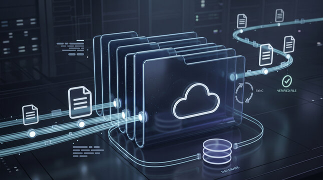 Cloud file synchronization system with document transfer paths, verified data workflow and connected storage infrastructure