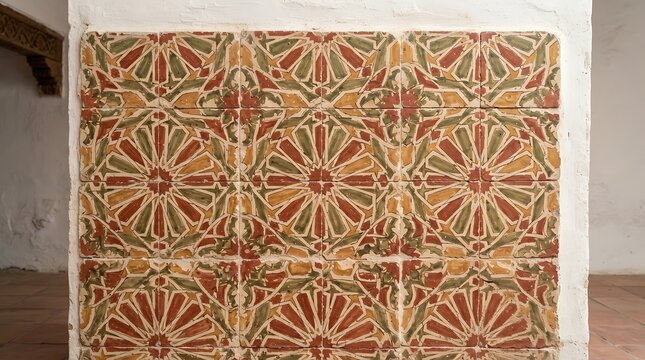 Weathered terra cotta islamic tiles on white wall showcasing traditional earthy tones of red and green in historic building interior.
