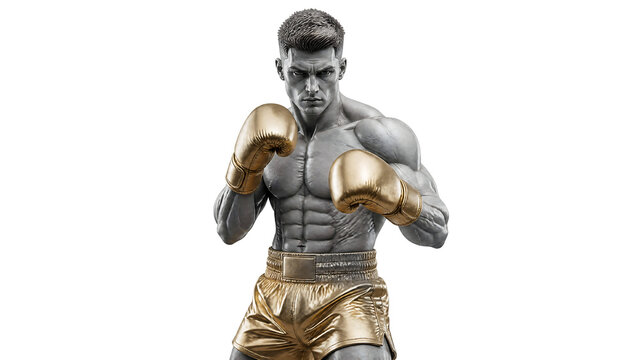 Athletic male boxer in fighting stance, muscular fighter wearing gold boxing gloves and shorts, monochrome body with metallic gold accents isolated on Transparent Background