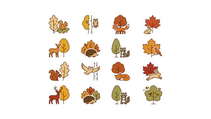 Obraz premium Collection of cute forest animals and autumn trees icons including squirrel owl fox rabbit deer hedgehog and raccoon in flat