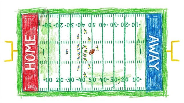 Colorful hand drawn crayon illustration of football field with colored yard markings, cute children's book style sports diagram artwork