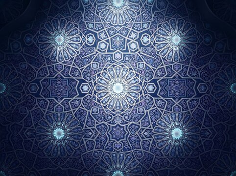 Abstract islamic geometric star pattern with glowing elements on a dark blue background creating a spiritual ambiance.