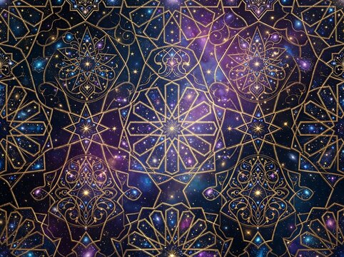 Intricate golden islamic geometric pattern overlaying a deep cosmic space background filled with distant stars and purple nebula.