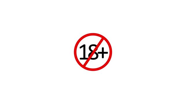 18+ age restriction warning sign animation on white background, prohibited maturity rating
