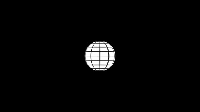 Minimalist rotating wireframe globe animation on black background, earth digital technology