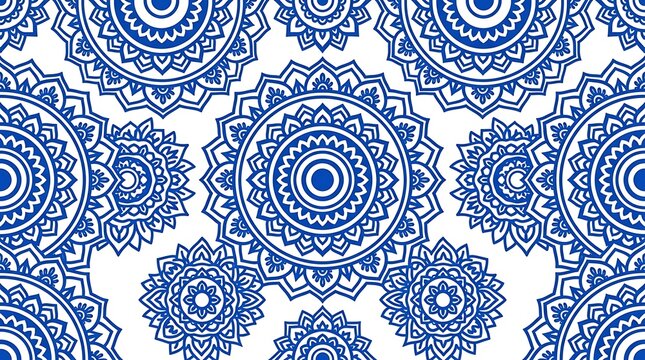 Seamless blue and white mandala floral pattern background