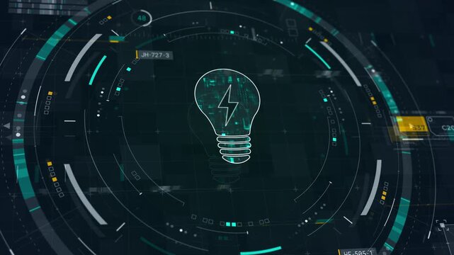Motion graphic of a futuristic hud displaying a digital lightbulb concept highlighting energy efficiency and smart grid electricity innovation for modern presentations.