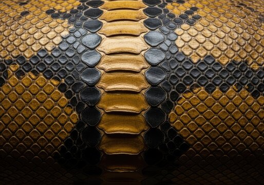 Close-up of a vibrant yellow and black snake skin texture with intricate scale patterns.