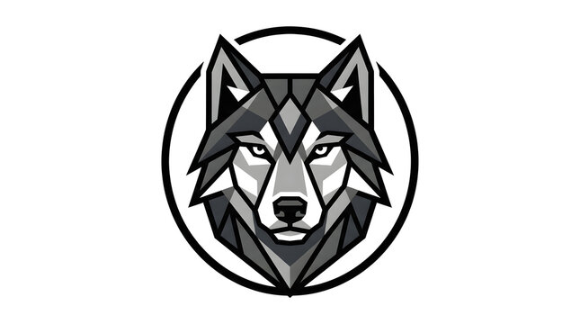 Minimalist wolf head logo design vector illustration inside circular frame, geometric grey wolf mascot emblem isolated on white background for gaming team, security, or outdoor brand identity.