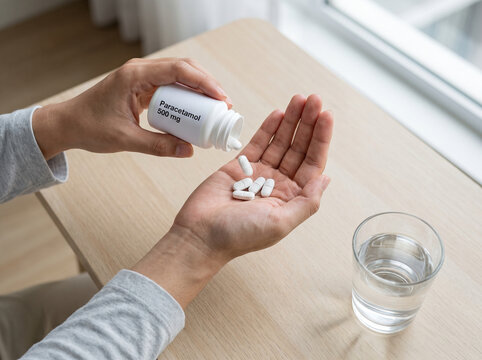Person pouring paracetamol tablets into their hand with water