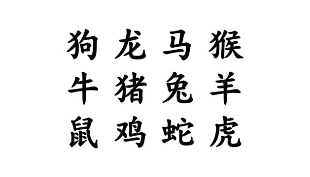 Traditional Chinese zodiac astrology symbols handwritten calligraphy kanji vector set for lunar new year culture and horoscope designs