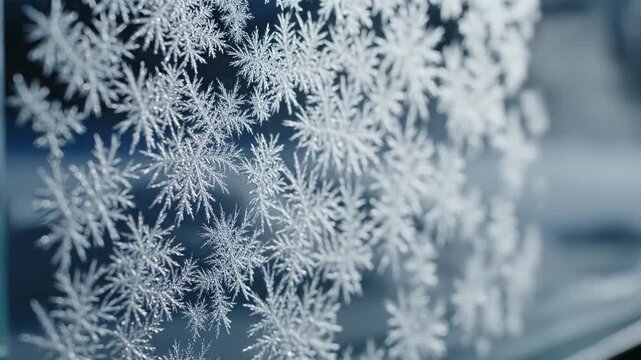 Detailed macro view of delicate ice crystals forming frost patterns on glass, winter's natural artistry, cold atmosphere, blue tones, seasonal background