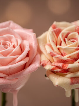 Close-up of two romantic rose-shaped ice cream scoops with strawberry swirl