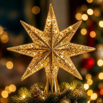 Sparkling golden star Christmas tree topper with festive lights
