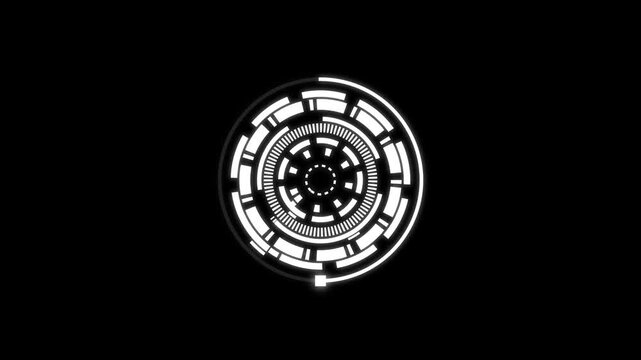 Futuristic circular digital interface graphic with complex mechanical motion patterns for advanced technological data visualization display