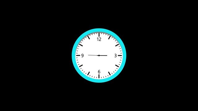 Elegant wall clock animation with blue frame and white dial on black background, showing time concept, perfect for business, schedule, deadline, and productivity stock footage.