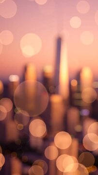 A Blurry Cityscape at Dusk: An Artistic Representation of Urban Life with Skyscrapers Illuminated by Soft Twilight Glow and Impressionistic Bokeh Effects