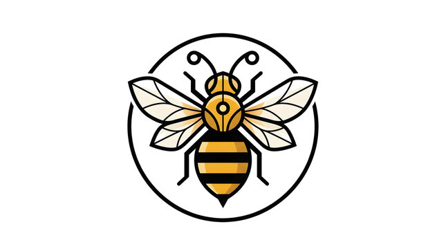 Minimalist honey bee logo design vector illustration inside circular frame, geometric bumblebee mascot emblem isolated on white background for honey product, organic farm, or eco brand identity.
