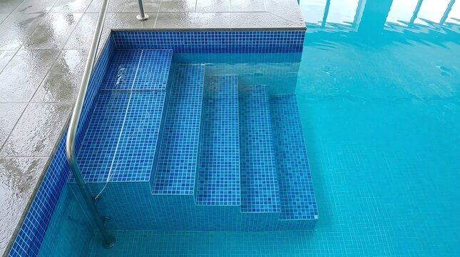 Indoor Swimming Pool with Blue Tiled Steps and Clear Water.