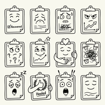 Set of humanized clipboards displaying various emotional states and medical status reports for tracking patient progress in health care settings through hand drawn expressions and written