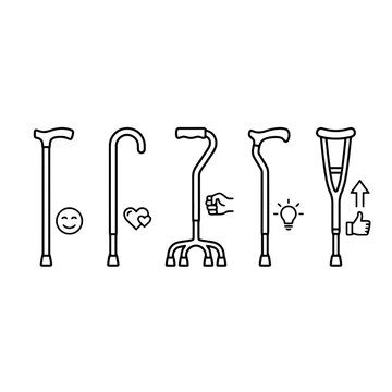 A collection of medical walking aid equipment featuring various hand support designs for elderly people and disabled individuals needing mobility assistance for daily living and safe physical