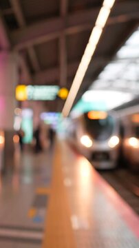 Blurred Train Station Scene Capturing the Arrival and Departure of a Train, Evoking a Sense of Motion and Transit in a Busy Urban Environment