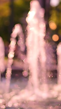 A Captivating Display of Water Fountains with Sparkling Drops and a Dreamlike Quality in a Sunlit Environment