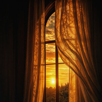 Sunset Glowing Through an Arched Window and Lace Curtains