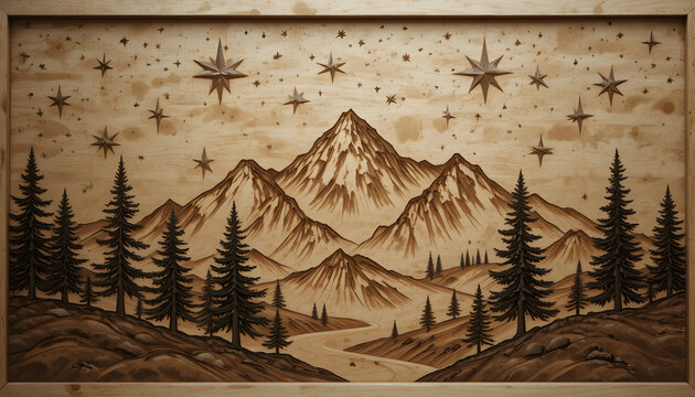 A vintage and warm woodcut engraving of a mountain range at night. Intricate black and brown lines on a aged cream paper texture. A large, detailed full moon is high in a dark sky filled with simple s
