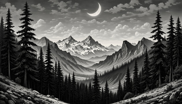 A classic woodcut engraving of a mountain valley by night. Intricate black and white lines define the peaks, the vast forest below, and the dark sky filled with swirling patterns and stars. A large, s