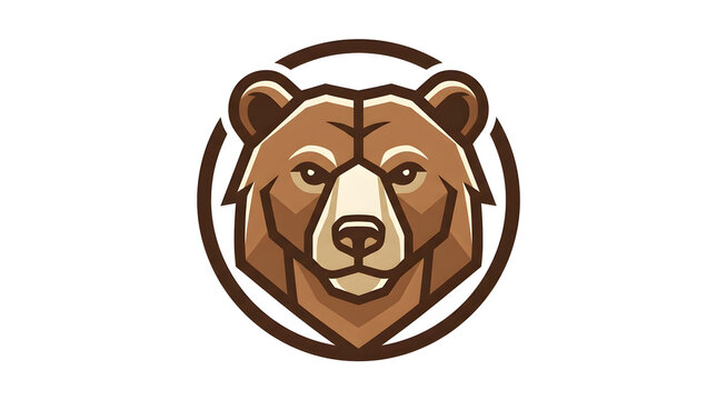 Minimalist brown bear head logo design vector illustration inside circular frame, geometric grizzly mascot emblem isolated on white background for brand identity, gaming team, or outdoor badge.