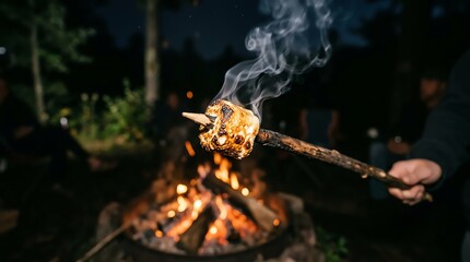 Fototapeta premium Campfire with Smoldering Wood and Rising Smoke in Outdoor Setting.