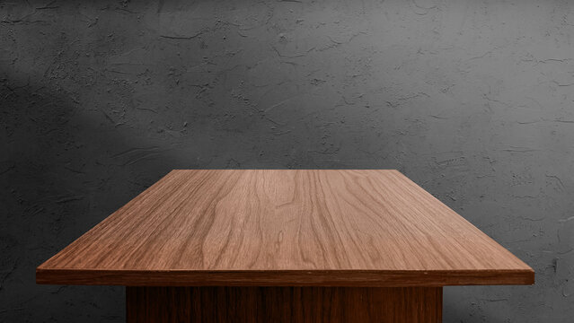 Empty Brown Wooden Table Top Product Display Background Template for Montage Presentation with Dark Textured Concrete Wall Surface Interior Mockup Perspective View in Studio Light Setting.