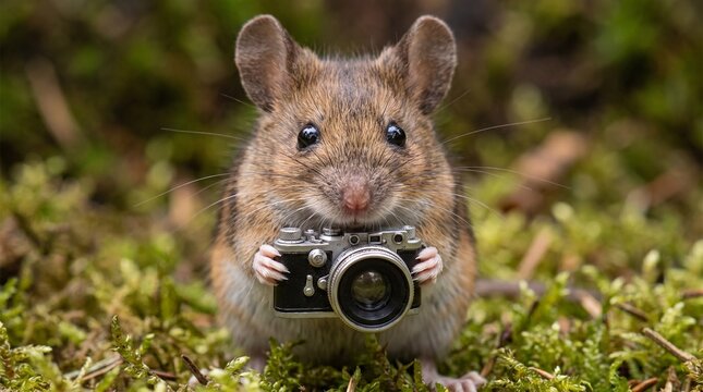 Cute field mouse holding a vintage camera in a mossy forest, whimsical macro photography concept of a tiny animal photographer