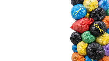 Obraz premium Colorful tied plastic garbage bags forming a right side vertical border isolated on transparent background ecology recycling concept 